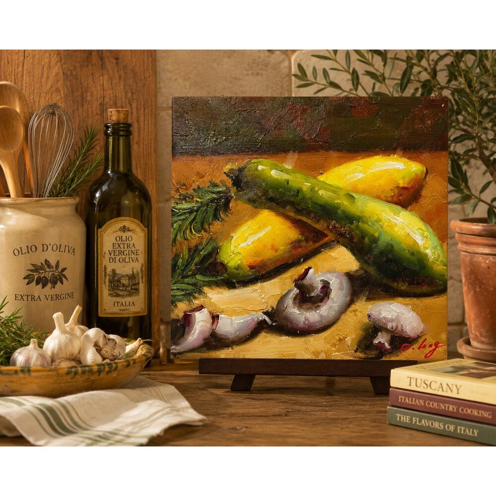 D. Long Mushrooms & Italian Squash Oil Painting 14x14 Mediterranean Kitchen Art